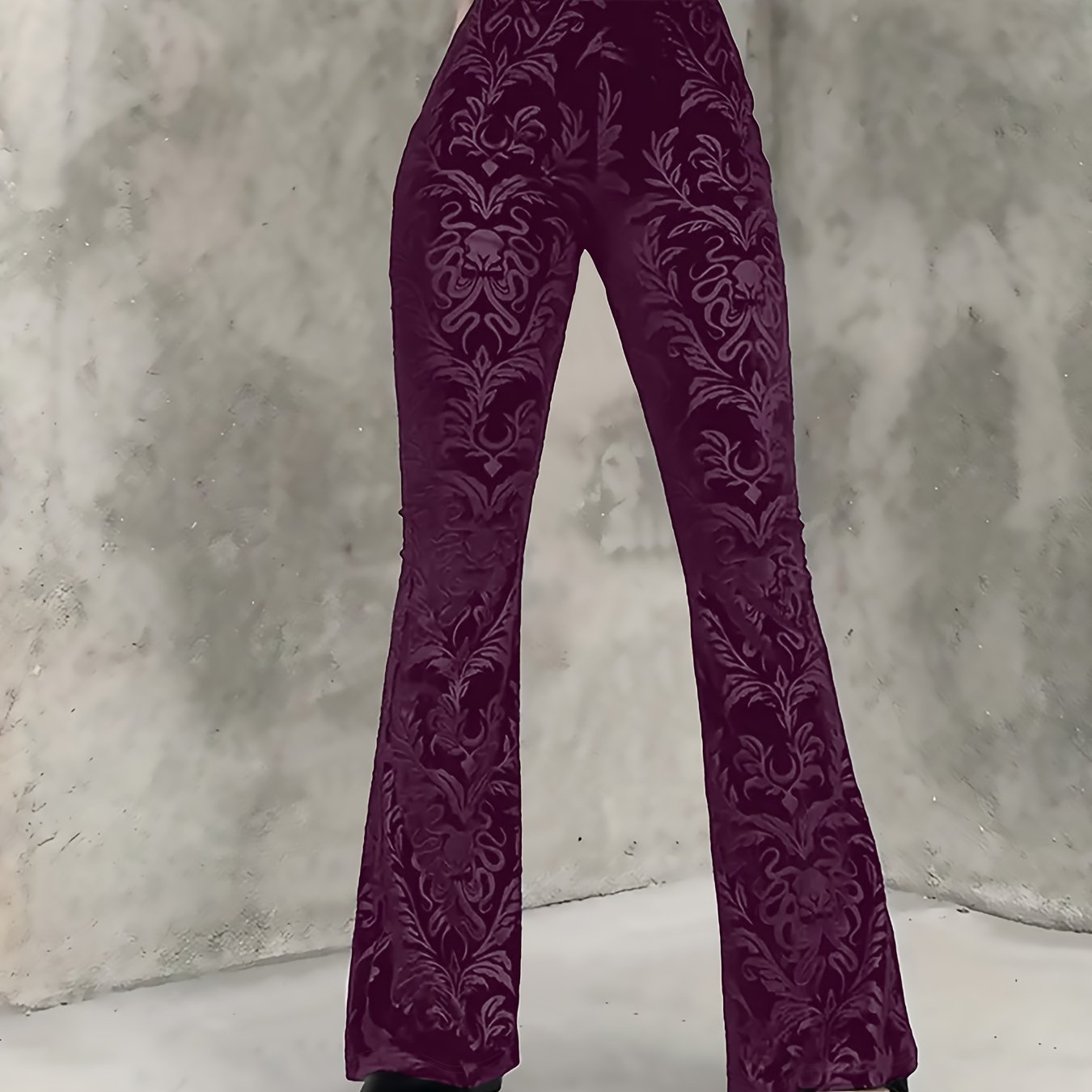 Gothic Floral Print High Waist Pants, Elegant Flare Leg Pants, Women's Clothing