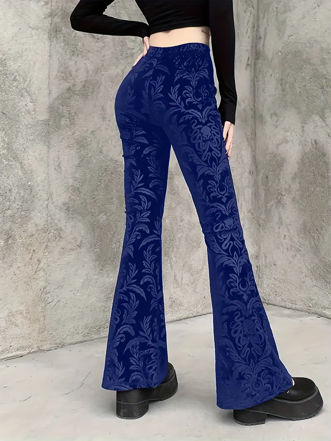 Gothic Floral Print High Waist Pants, Elegant Flare Leg Pants, Women's Clothing