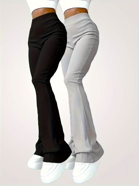 Solid Ribbed Flare Leg Pants 2 Pack, Casual High Waist Slim Elastic Pants, Women's Clothing